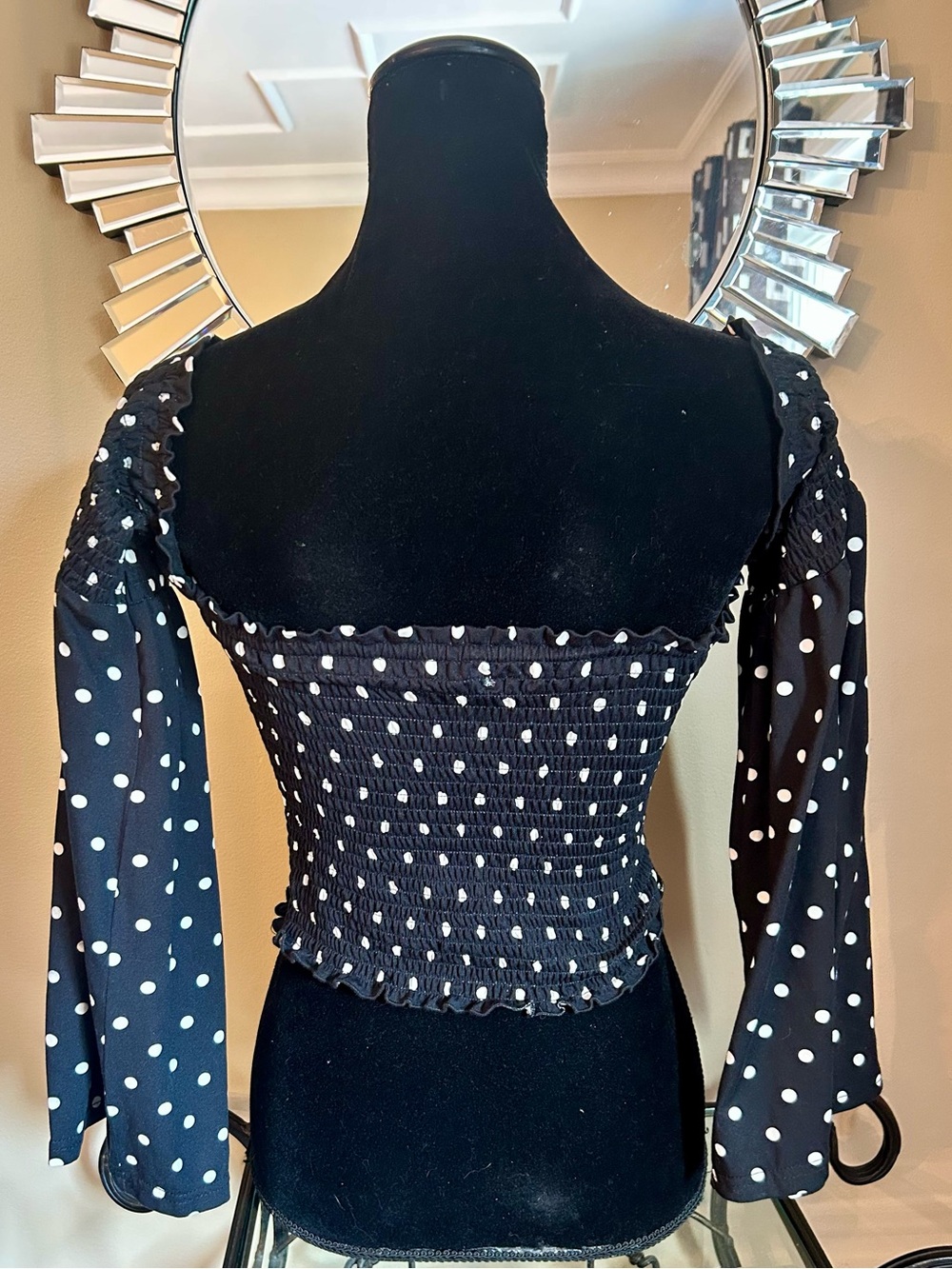 Revamped Polka Dot Off-Shoulder Top with Bell Sleeves - Picture 6 of 6